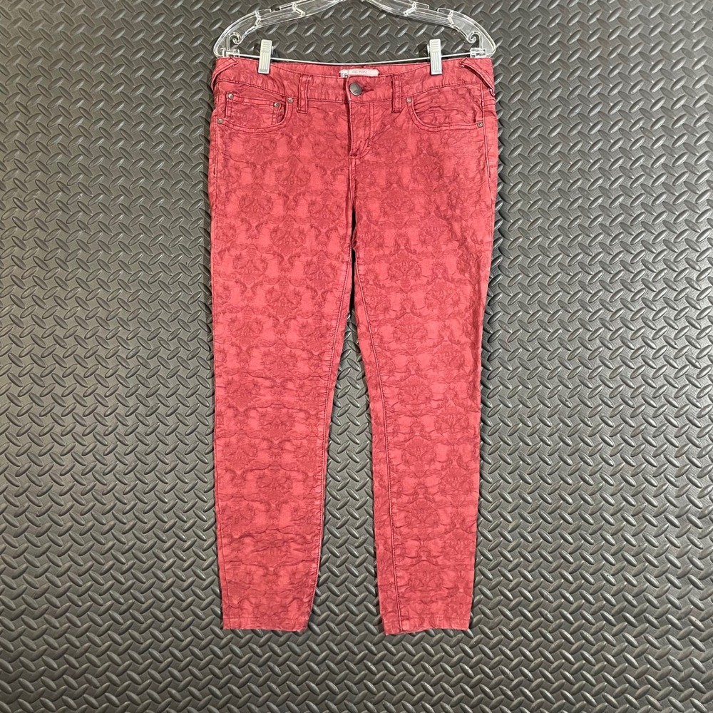Free People Jacquard Skinny‎ Jeans Women's 28 Red Floral Textured Pants Stretchy